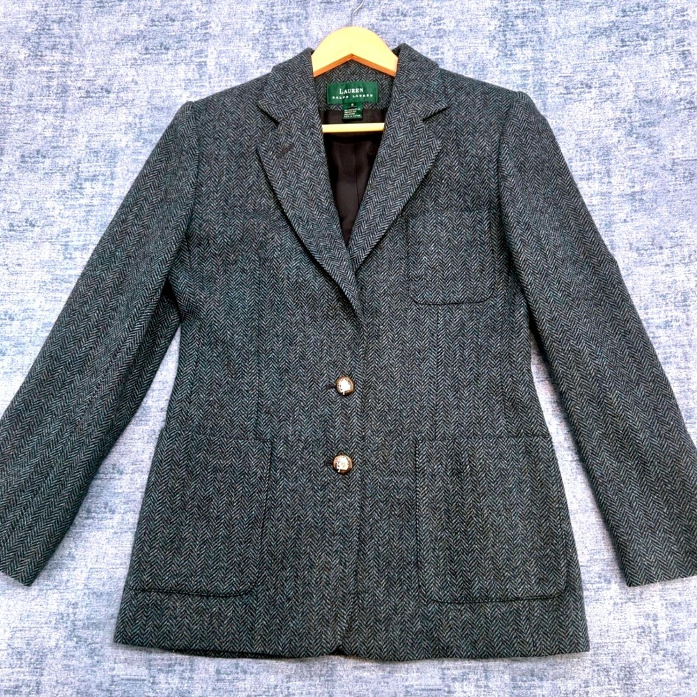 Lauren Ralph Lauren Womens 6 Grey Blue Herringbone Wool Blazer Jacket